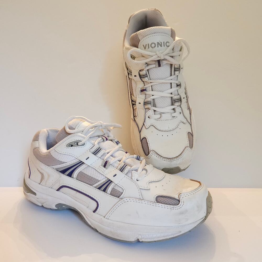 Vionic 23WALK Women's 9 White Gray Leather Walking Shoes Orthotic Sneakers